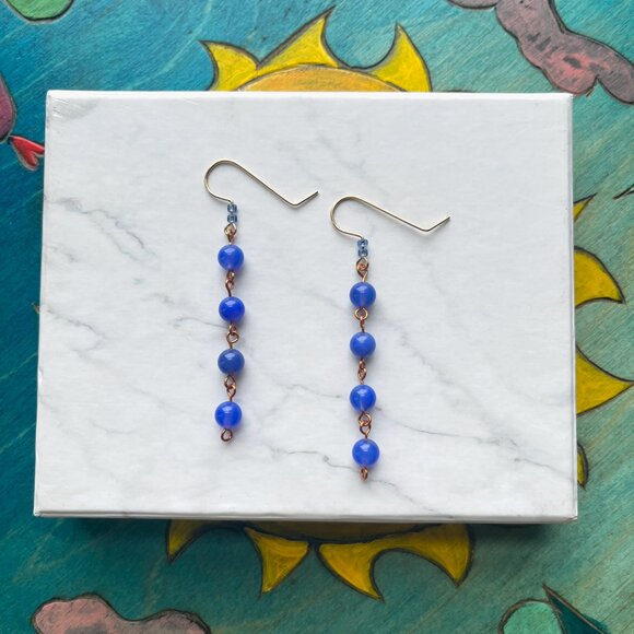 Blue Lapis Round Glass Bead Dangle Drop Earrings - Picture 5 of 5